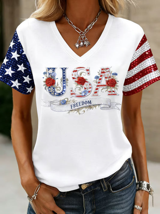 Women's America Floral Printed V-neck T-shirt