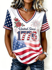 Women's America Floral Printed V-neck T-shirt