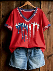 Women's Independence Day USA Flag Jet Heart Print Casual V-Neck Tee