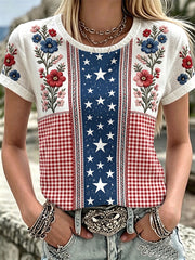Women's Independence Day American Flag Floral Art Casual Short Sleeve Top