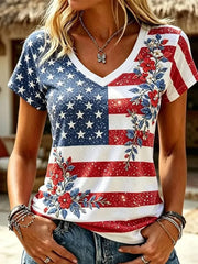 Women's Independence Day USA Flag Floral Print Casual V-Neck Patriotic Tee