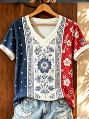 Women's Independence Day American Flag Floral Art Casual V-neck Short Sleeve Top