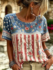 Women's Boho Floral American Flag Inspired Print linen short-sleeved T-shirt