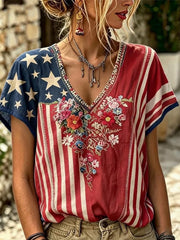 Women's Independence Day Floral USA Flag Print V-Neck Tee