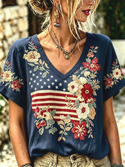 Women's Independence Day Floral USA Flag Print V-Neck Tee