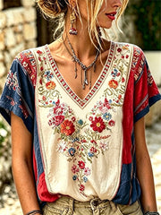 Women's Independence Day Floral Print V-Neck Tee