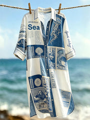 Women's Seascape & Sea Animals Collage Art Print Vacation-Style Shirt Dress