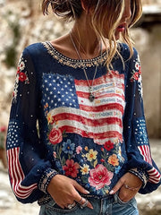 Women's Independence Day Flag & Floral Pattern Casual Cotton-Linen Shirt