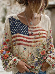 Women's America Floral Print Cotton-Linen Shirt