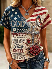 Women's America Floral Printed V-neck T-shirt