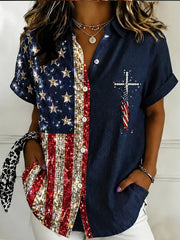Women's Independence Day Flag Art Pattern Casual Short Sleeves Shirts