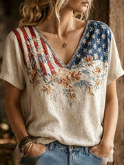 Women's America Floral Print V-Neck Casual T-Shirt