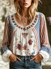 Women's America Floral Print Cotton-Linen Shirt