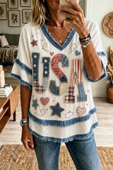 Women's American Patchwork Printed Cotton-Linen Shirt