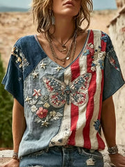 Women's America Floral Print V-Neck Casual T-Shirt