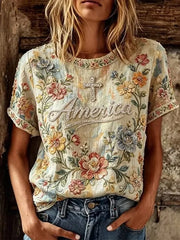 Women's America Floral Print Casual T-Shirt