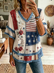 Women's Red, White, and Blue Floral Print Casual T-Shirt
