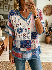 Women's Red, White, and Blue Floral Print Casual T-Shirt