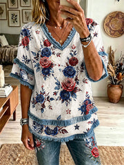 Women's Red, White, and Blue Floral Print Casual T-Shirt