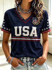 Women's USA Football Printed V-neck T-shirt