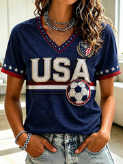 Women's USA Football Printed V-neck T-shirt