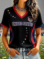 Women's USA Football Printed V-neck T-shirt
