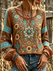 Women's Vintage Western Floral Art Print Cotton and Linen Top