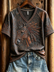 Women's Vintage Western Horse Ethnic Leather Art Print V-neck short-sleeved T-shirt