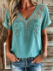 Women's Vintage Western Turquoise Floral Print linen short-sleeved T-shirt