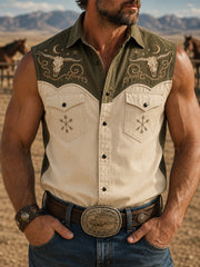 Men's Retro Western Bull Skull Print Sleeveless Shirt