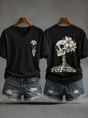 Women's Halloween Floral Skull Casual T-Shirt
