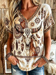 Women's retro western style pattern printed casual linen short-sleeve T-shirt