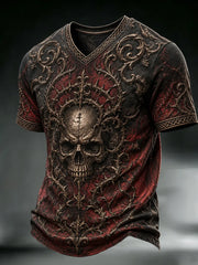 Men's Halloween Gothic Skull Print V-neck T-shirt