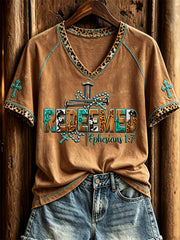 Women's Redeemed Turquoise Cross Leopard Western Print short sleeve T-shirt