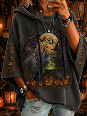 Women’s Halloween Witch Ghost Pumpkin Art Short-Sleeve Hoodie