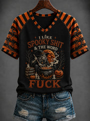 Women's Halloween “I LIKE SPOOKY SHIT & THE WORD FUCK” Printed V-neck T-shirt