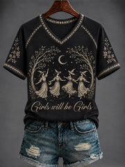 Women's Halloween “Girls will be Girls” Printed V-neck T-shirt