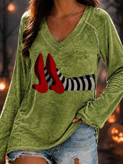 Women's Fun Halloween Witch Double Layer Neck Long Sleeve T-Shirt