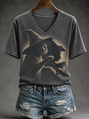 Women's Halloween Fun Witch Hat Black Cat Short-sleeved T-shirt