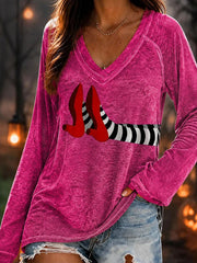 Women's Fun Halloween Witch Double Layer Neck Long Sleeve T-Shirt
