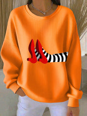 Women's Fun Halloween Witch Legs Ribbed Round-Neck Sweatshirt