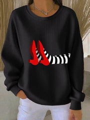 Women's Fun Halloween Witch Legs Ribbed Round-Neck Sweatshirt