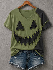 Women's Halloween Patchwork Print Casual V-Neck Tee