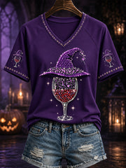 Women's Halloween Wine Glass Print Casual V-Neck Tee