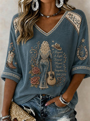 Women's Vintage Classic Country Music Inspired Western Print Memorial Mid-length Sleeves V-Neck T-Shirt