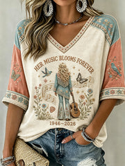 Women's Country Music Legend Tribute Casual Memorial Mid-length Sleeves V-Neck T-Shirt