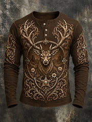 Men's Retro Deer Print Casual Long Sleeve T-Shirt