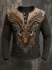 Men's Retro Western Buffalo Print Casual Long Sleeve T-Shirt