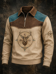 Men's Retro Western Deer Print Casual Zipper Pullover