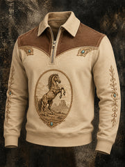 Men's Retro Western Horse Print Casual Zipper Pullover
